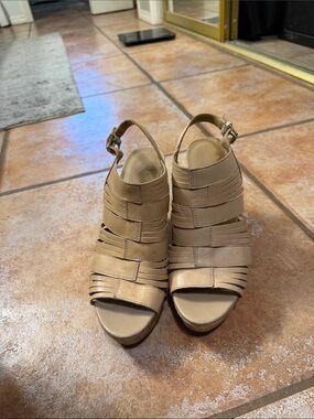 Neutral Beige Strappy Wedge Heels with Ankle Strap